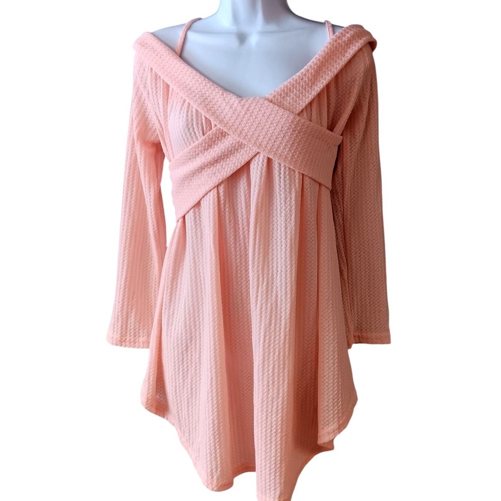 J CH Pink Waffle Knit Tunic Top Cold Shoulder‎ Criss Cross Front Size XXL Soft